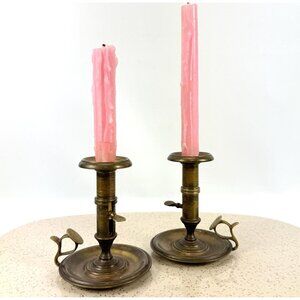 Vintage brass candlesticks, pair of adjustable push up candleholders